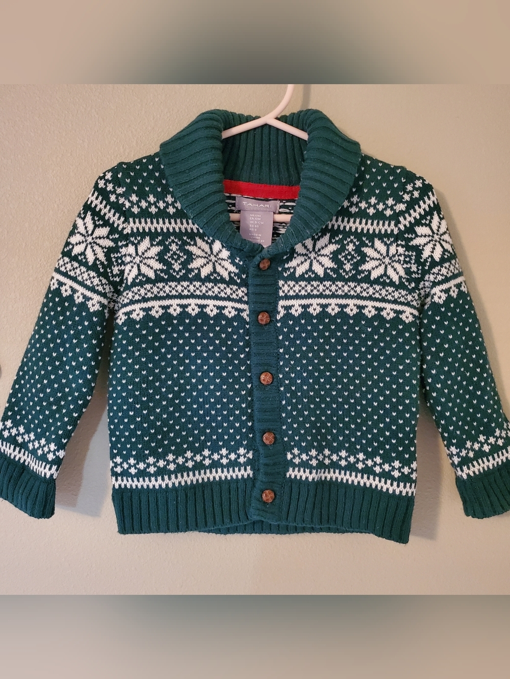 Tahari Green and White Knit Nordic Winter Cardigan Sweater, 12 Months, Excellent